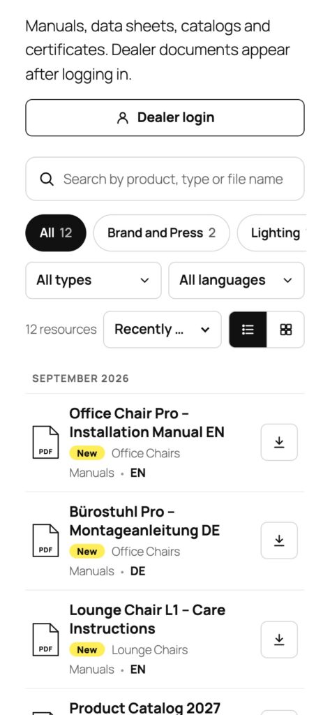 The library on a phone: header text, Dealer login button, search field, collection chips, type and language filters, the sort menu and the first documents with type icon, badges and a download button.