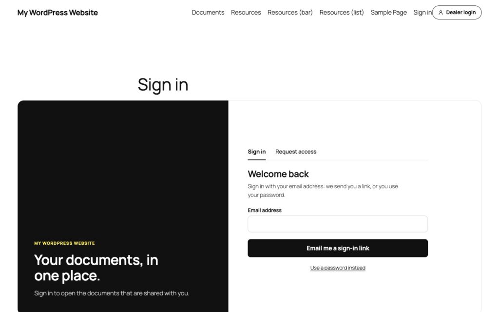 The sign-in page with a dark panel reading Your documents, in one place, and a form with the tabs Sign in and Request access, an email field, the button Email me a sign-in link and the link Use a password instead.