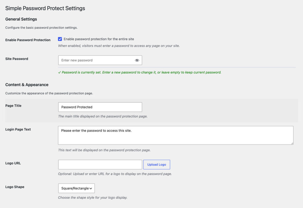 Plugin settings with the checkbox Enable password protection for the entire site, a Site Password field with a visibility toggle and a note that a password is set, and fields for page title, login page text, logo URL with an Upload Logo button and a logo shape select.