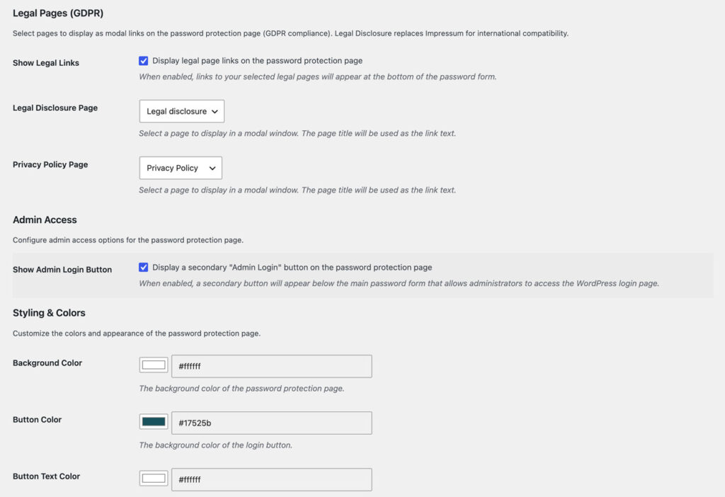 Plugin settings with a switch to show legal links, selects for the legal disclosure and privacy policy pages, a checkbox for the Admin Login button, and color pickers for background, button and button text.