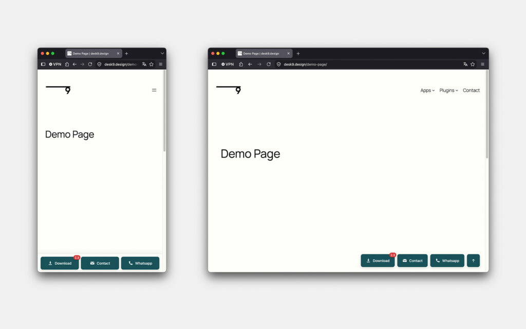 Two browser windows showing the same demo page: a narrow one with a full-width action bar at the bottom holding Download, Contact and WhatsApp buttons, and a wide one with the three buttons floating in the bottom right corner next to a back-to-top arrow.