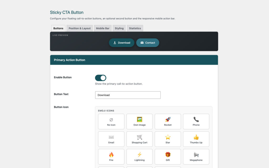 Settings page with the Buttons tab open: a dark live preview strip showing a Download and a Contact button, below it the primary button with its enable switch, the button text field and a grid of emoji icons.