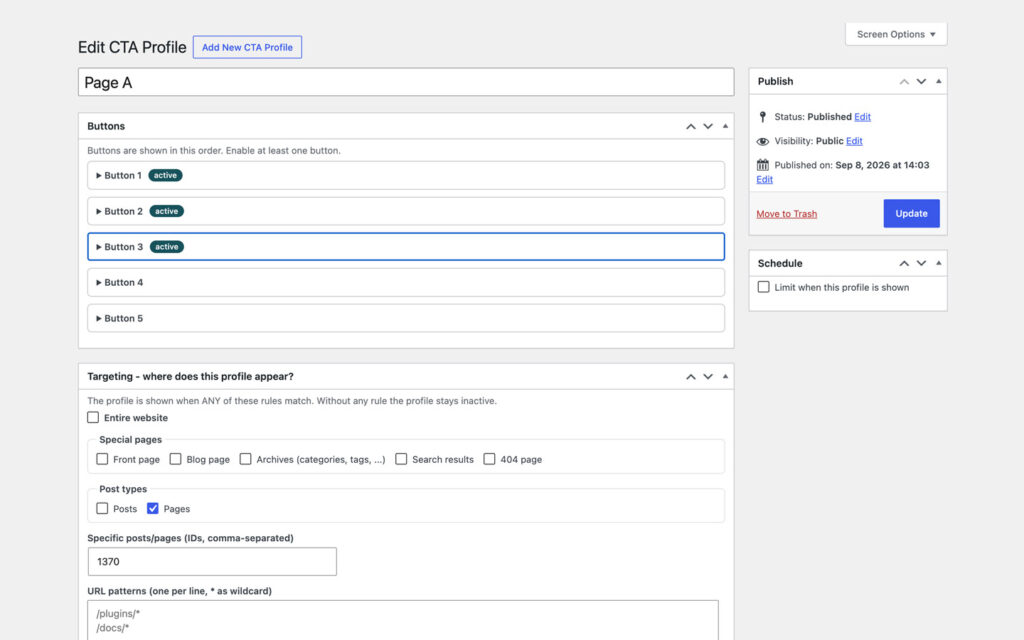 Edit CTA Profile screen in Pro with the Buttons box open on Button 1: an enable checkbox, the button text field and an icon grid with Rocket selected, beside a Publish box and a Schedule box.