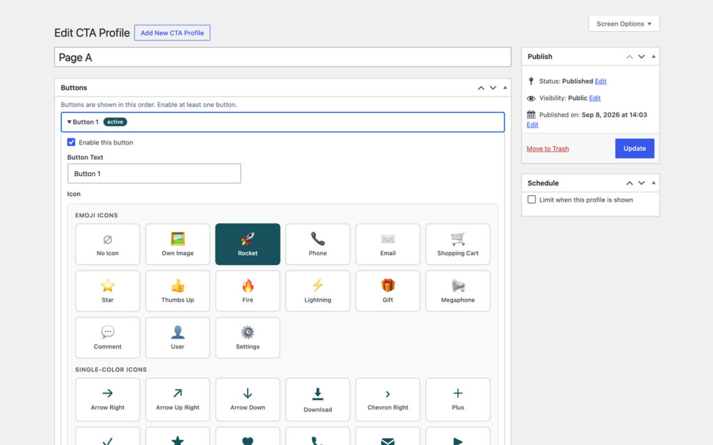 Targeting box of a CTA profile with checkboxes for the entire website, special pages, post types with Pages checked, a field with a page ID and a text area with the URL patterns /plugins/* and /docs/*.