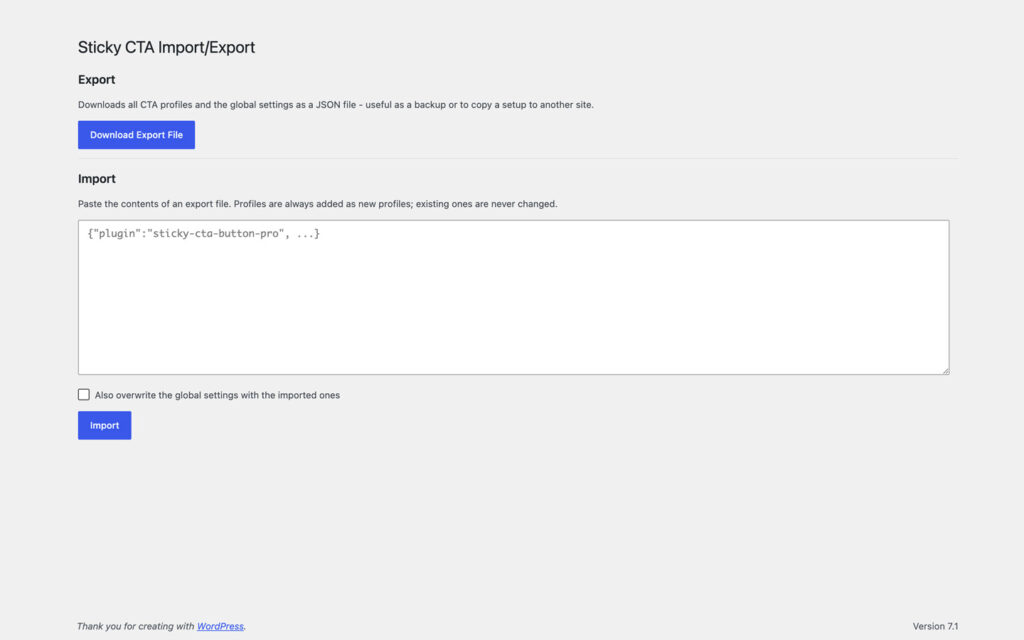 Import and Export page with a Download Export File button, a text area for pasting an export file, a checkbox to also overwrite the global settings and an Import button.