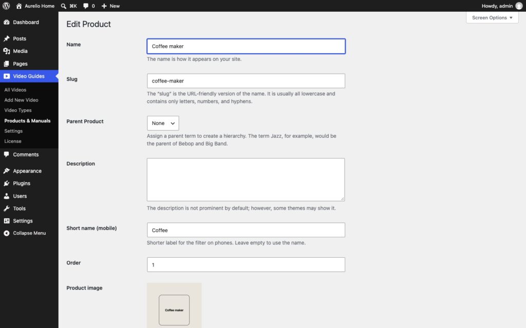 The Edit Product screen with name, slug, parent product, description, the short name for phones, the order and the product image.