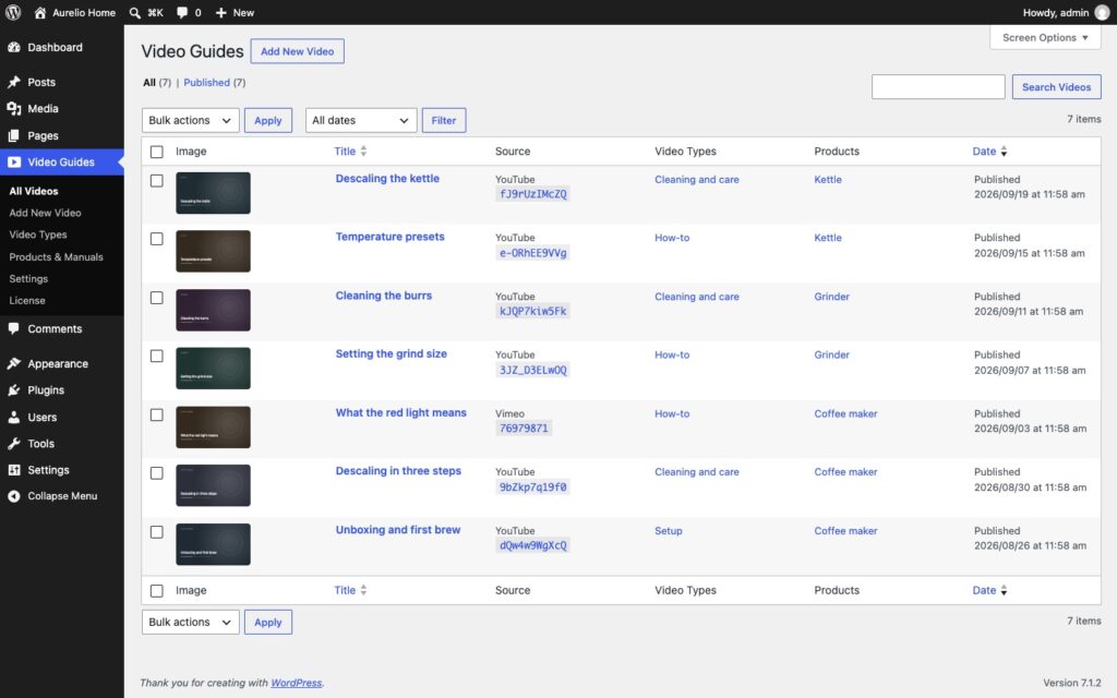 The Videos list in the WordPress admin with columns for title, product, video type, length and date.