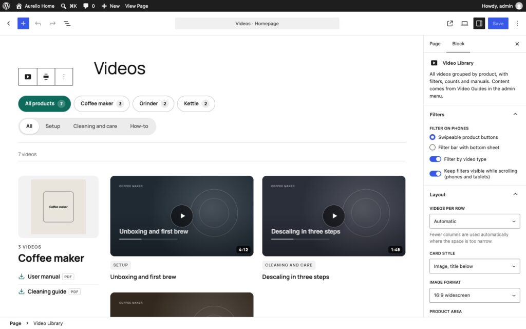 The block editor with the Video Library block selected and its sidebar open: the Filters panel with filter on phones, filter by video type and keep filters visible, and the Layout panel with videos per row, card style, image format and product area.