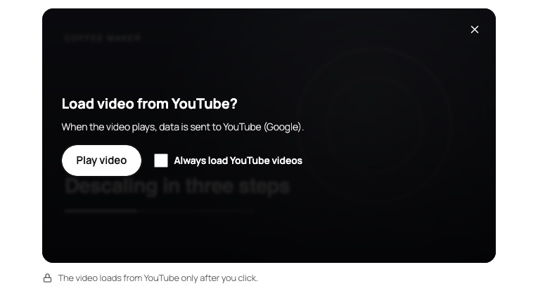 The built-in consent panel over a video: Load video from YouTube?, the note When the video plays data is sent to YouTube (Google), a Play video button and the checkbox Always load YouTube videos.
