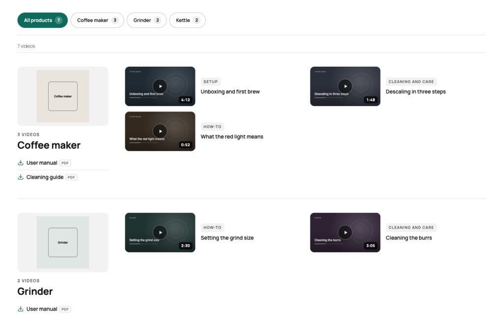 Video library in the list card style with small images, one video per row with title, type and length.