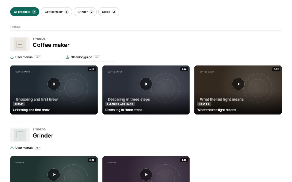 Video library with the card style Title on the image, three videos per row and the product area above the videos.