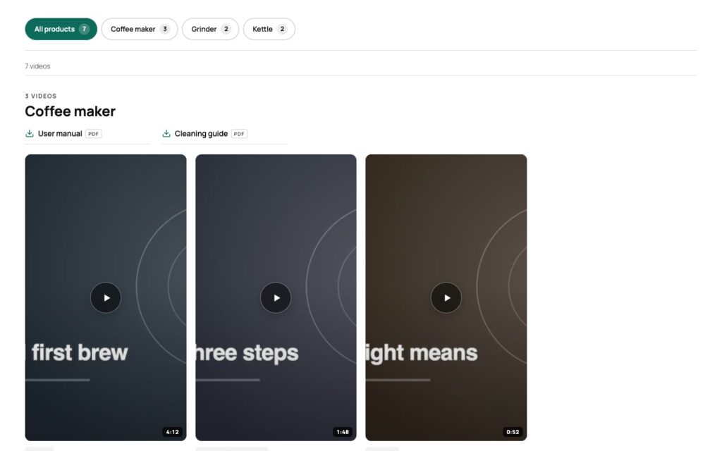 Video library with upright 9:16 cards for Shorts and Reels, four per row, and the minimal product area with name and manuals only.