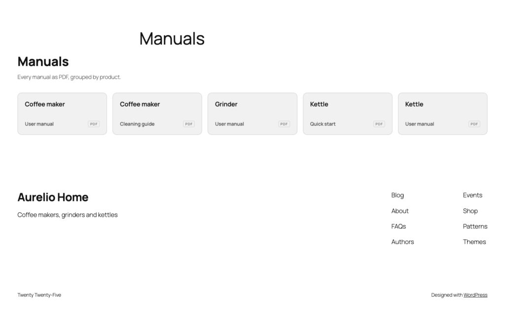 The Manuals block with the heading Manuals, an introduction line and download cards grouped by product, each with label and PDF badge.