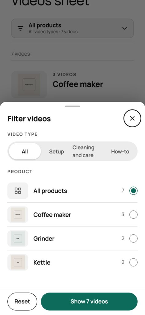 The bottom sheet filter on a phone: a Filter videos panel with the video type row, a product list with images and counts, a Reset button and a Show 7 videos button.