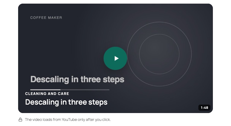 A single video block in the large style with the preview image, an accent-colored play button, the title in the image, the type line Cleaning and care and the privacy note The video loads from YouTube only after you click.