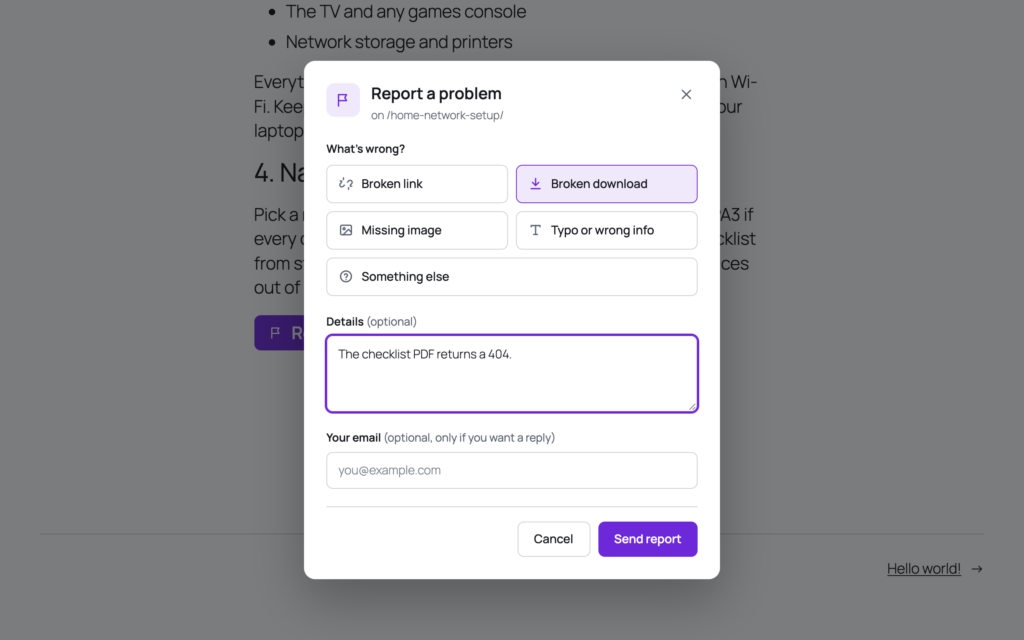 The report dialog over a guide: Report a problem on /home-network-setup/, What is wrong with five tiles, Broken download selected, a details field reading The checklist PDF returns a 404, an optional email field and the buttons Cancel and Send report.