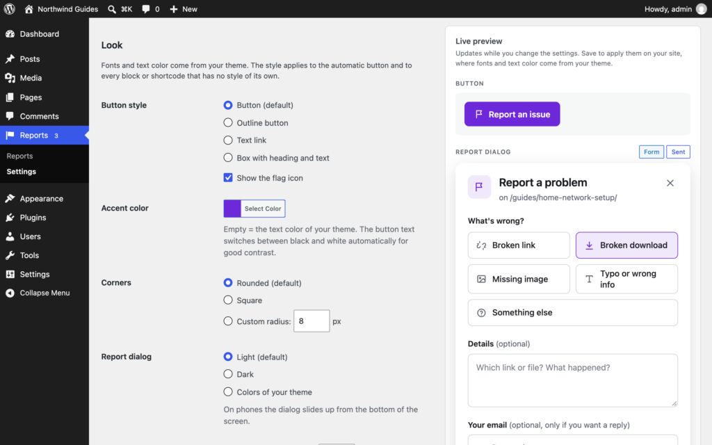 The settings screen under Reports, Settings: button style, flag icon, accent color, corners and dialog colors on the left, and a live preview of the button and the report dialog with Form and Sent tabs on the right.