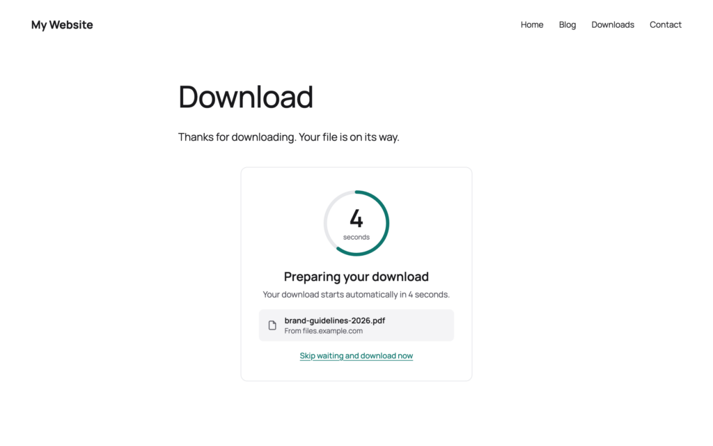 A download page on a WordPress site with the heading Download, a short thank-you line and the Card layout below it: a ring counting down at four seconds, the heading Preparing your download, the file brand-guidelines-2026.pdf from files.example.com and the link Skip waiting and download now.