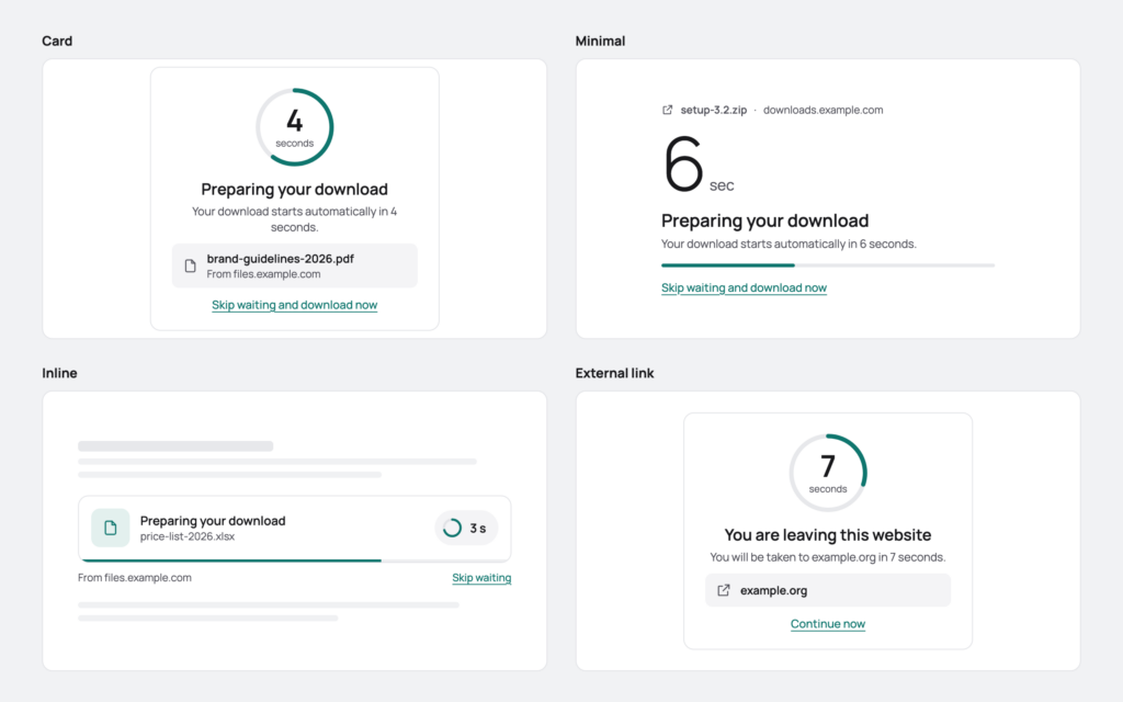 Four countdown screens side by side: Card with a progress ring, Minimal with a large number and a thin bar, Inline as a compact bar between lines of text, and the screen for external links reading You are leaving this website with the domain example.org and the link Continue now.
