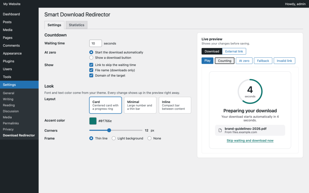 Settings page of Smart Download Redirector with waiting time, behavior at zero, what to show, the three layout tiles, accent color, corners and frame on the left, and on the right a live preview with buttons for Download, External link, Play, Counting, At zero, Fallback and Invalid link.